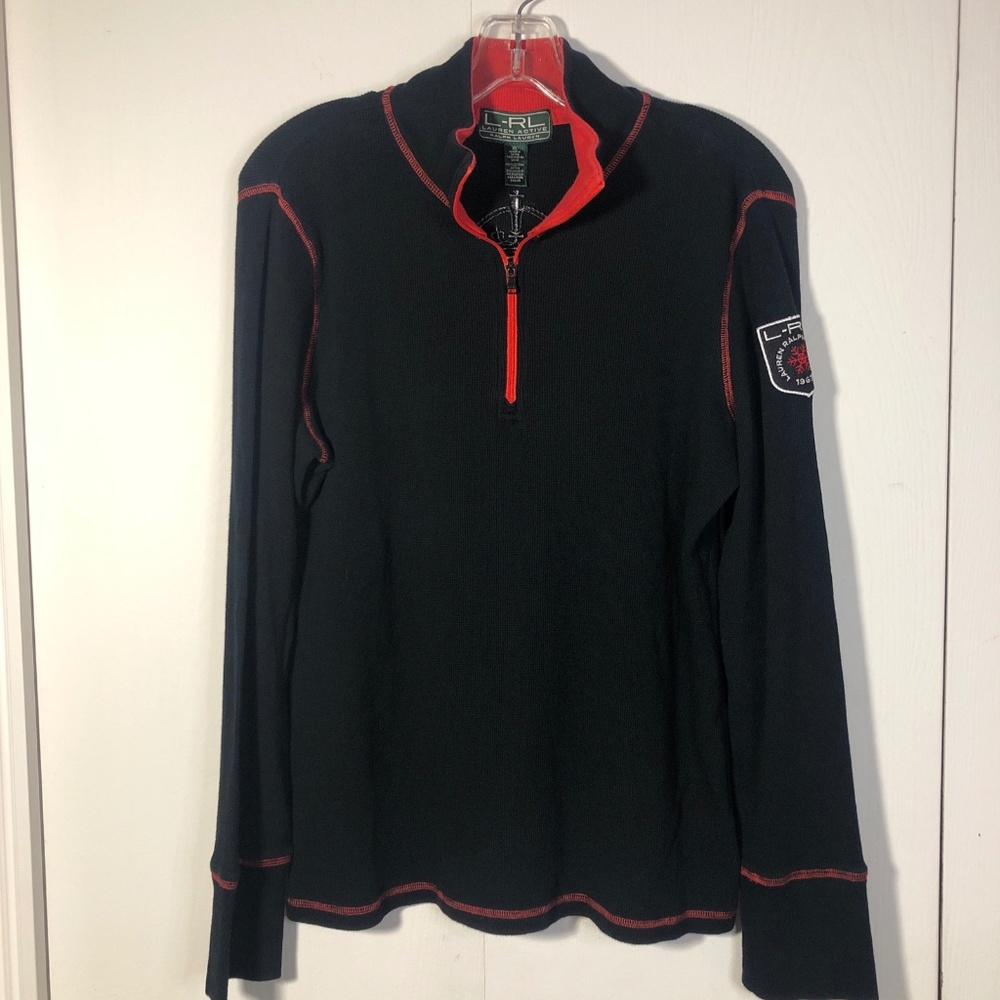 Ralph Lauren Women's Thermal 1/4 zip Black/Red LS Rib Knit Top Snowflake, XLarge